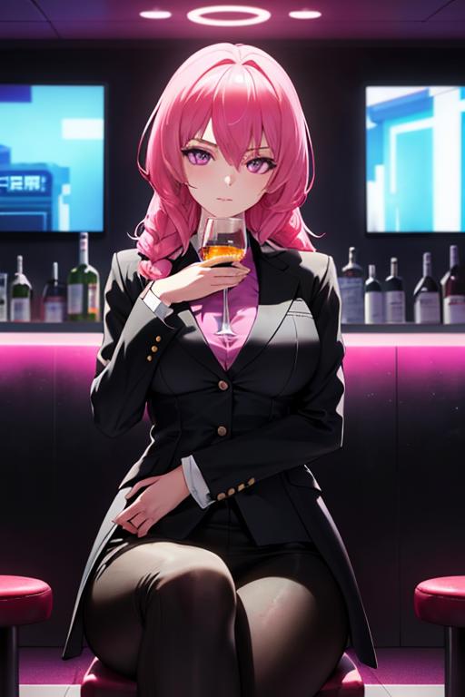 00223-984404887-Cyberpunk, 1girl, sitting in a futuristic bar, holding a glass, modified human, elegant suit, pink hair, purple eyes, looking in.png